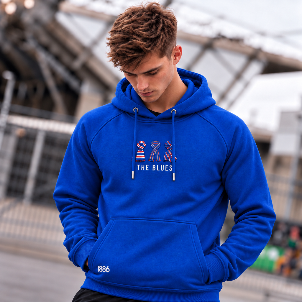 PRE ORDER! DELIVERY IN 5/6 WEEKS! Men's Linfield FC "Larmour"  Flag Cotton Hoodie Blue | Spirit of 1886