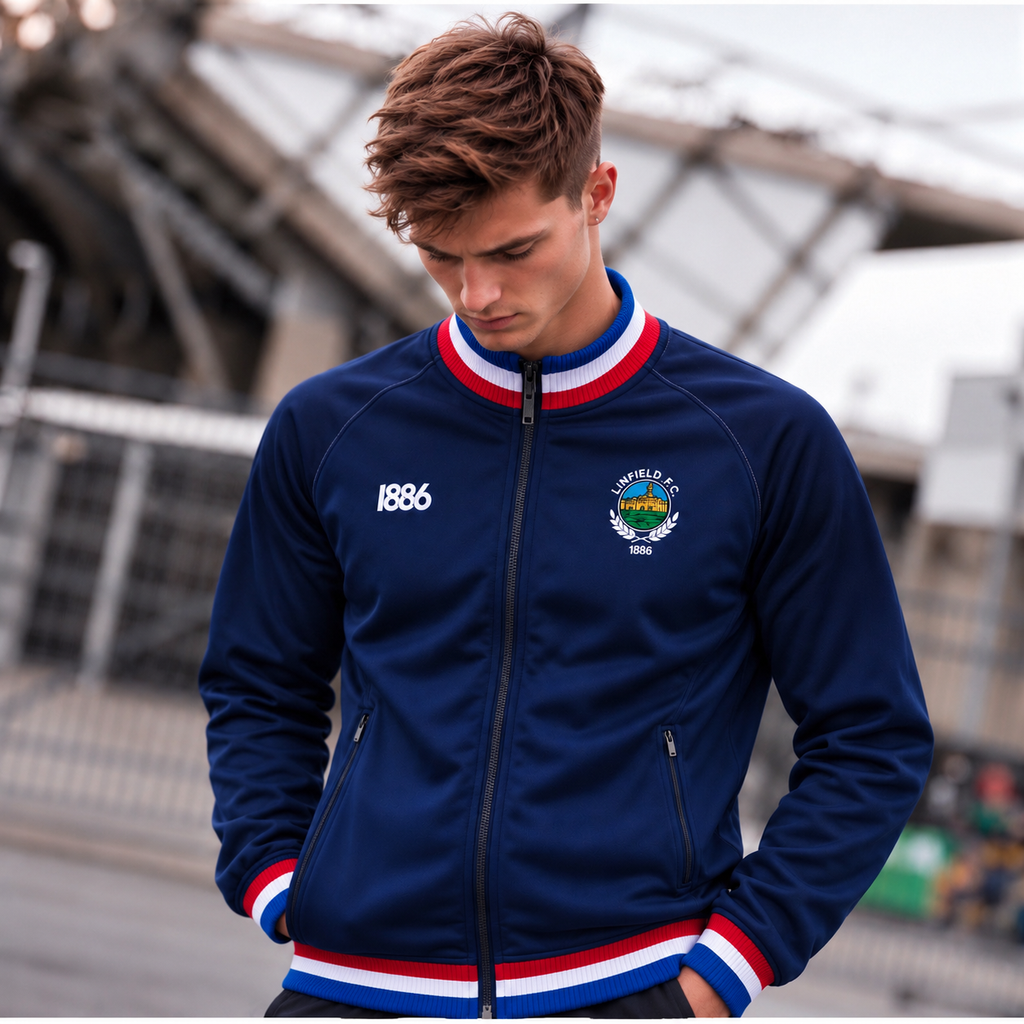 PRE ORDER! DELIVERY IN 5/6 WEEKS! Men's Linfield FC "Hall" Retro Track Top Navy | Spirit of 1886