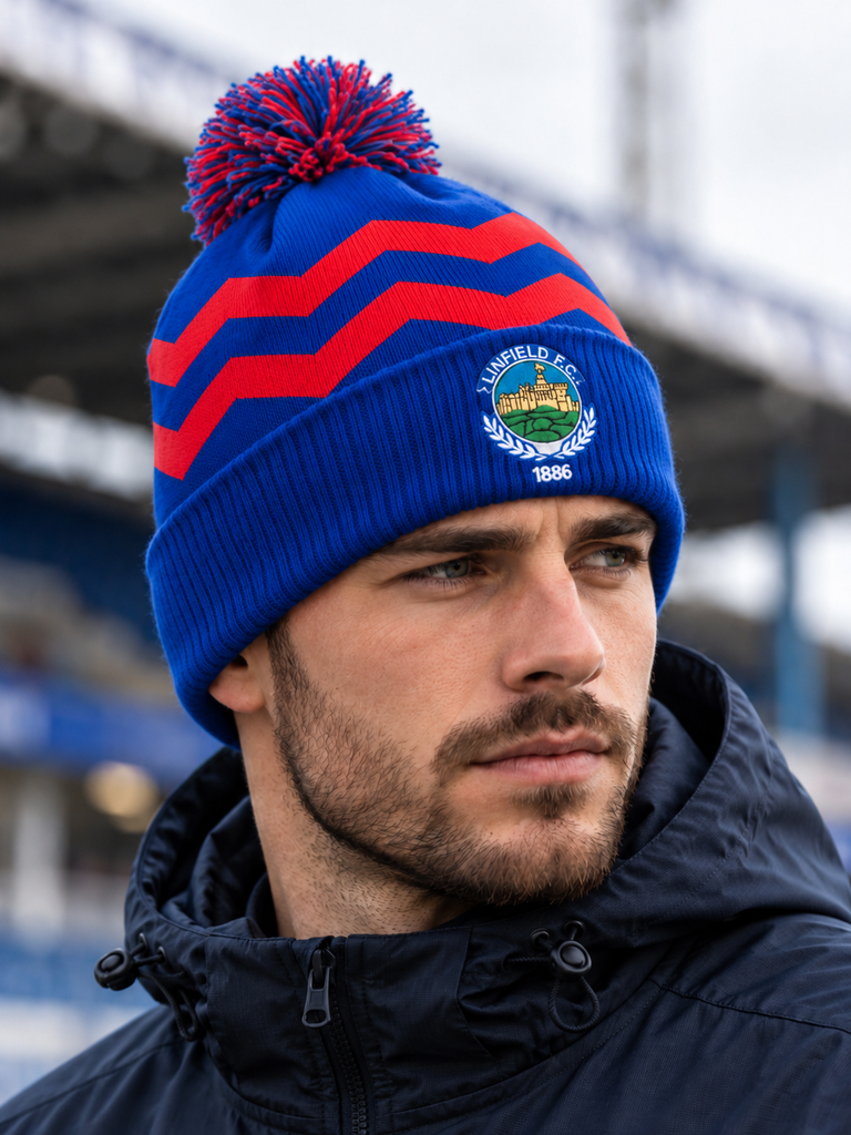 PRE ORDER! Delivery in 5/6 weeks! Linfield FC Royal Zigzag Bobble Hat