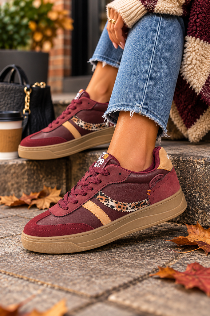 Refresh Ladies Burgundy Leopard Print Trainers | Jeanius