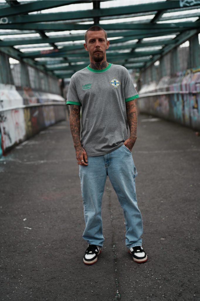 Spirit of 82 - Retro Northern Ireland Football Ringer Tee in Grey/Green