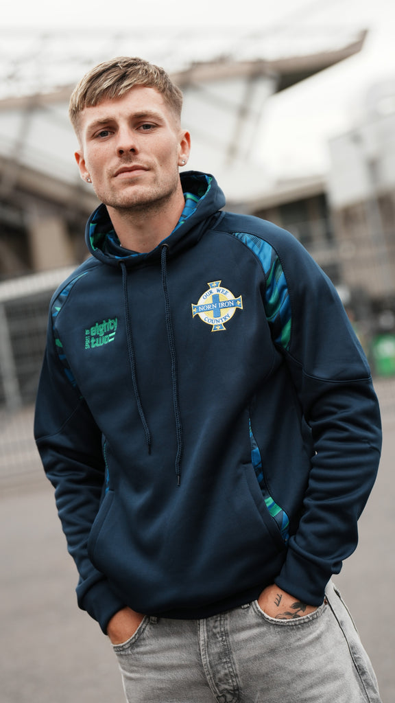 Spirit of 82 - Retro Northern Ireland Overhead Hoodie in Navy with Green and Blue Piping