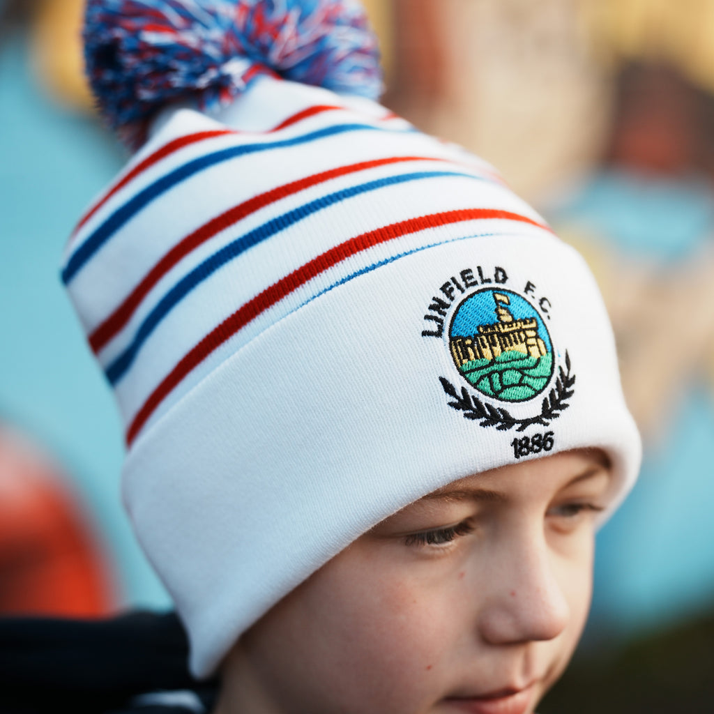 Spirit Of 1886 Linfield Bobble Hat "Stripe White/Red/Blue"