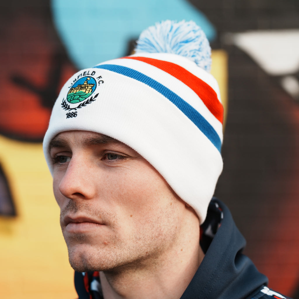 Spirit Of 1886 Linfield Bobble Hat "Bold Stripe White/Red/Blue"