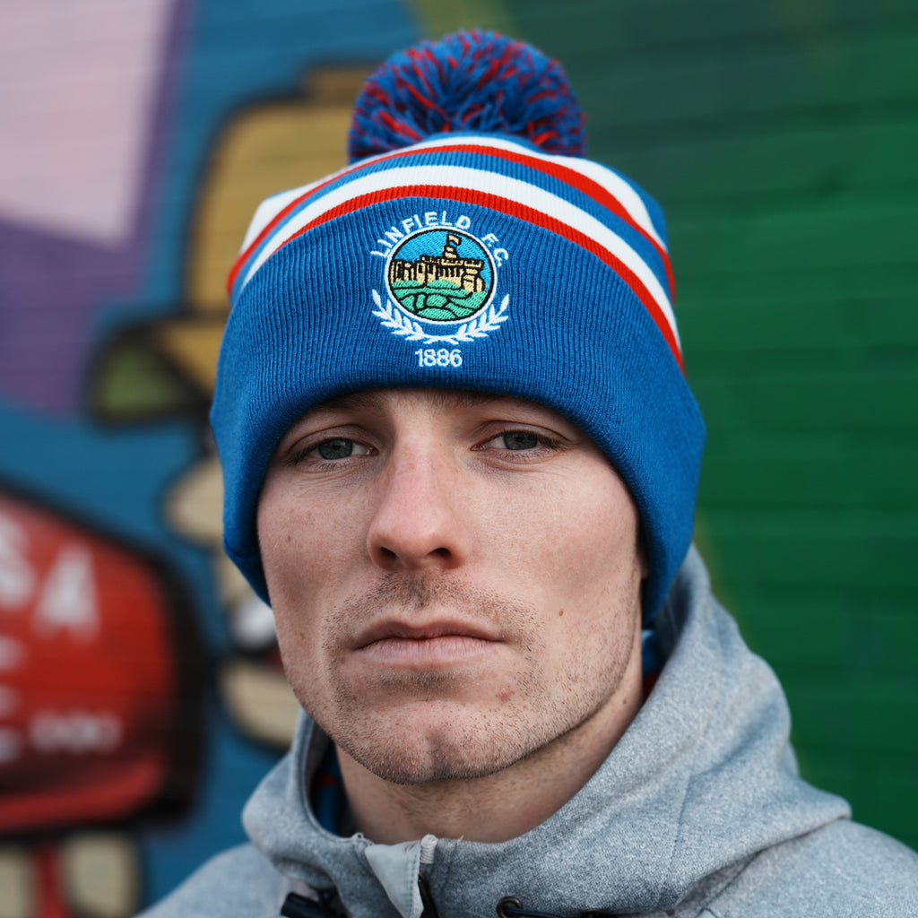 Spirit Of 1886 Linfield Bobble Hat "Bold Stripe Royal/Red/White