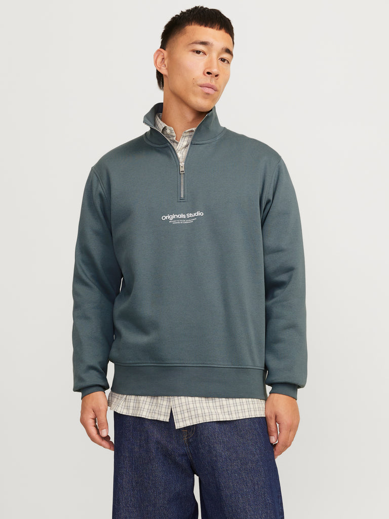 Jack&Jones Text Half Zip Sweatshirt in Stormy Weather Blue