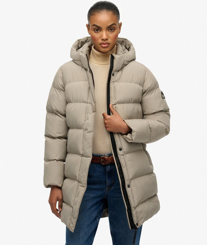 Women’s Superdry Hooded Sports Puffer Mid Length Jacket Winter Twig Beige