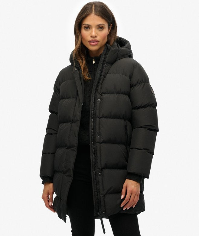 Women’s Superdry Hooded Sports Puffer Mid Length Jacket Black