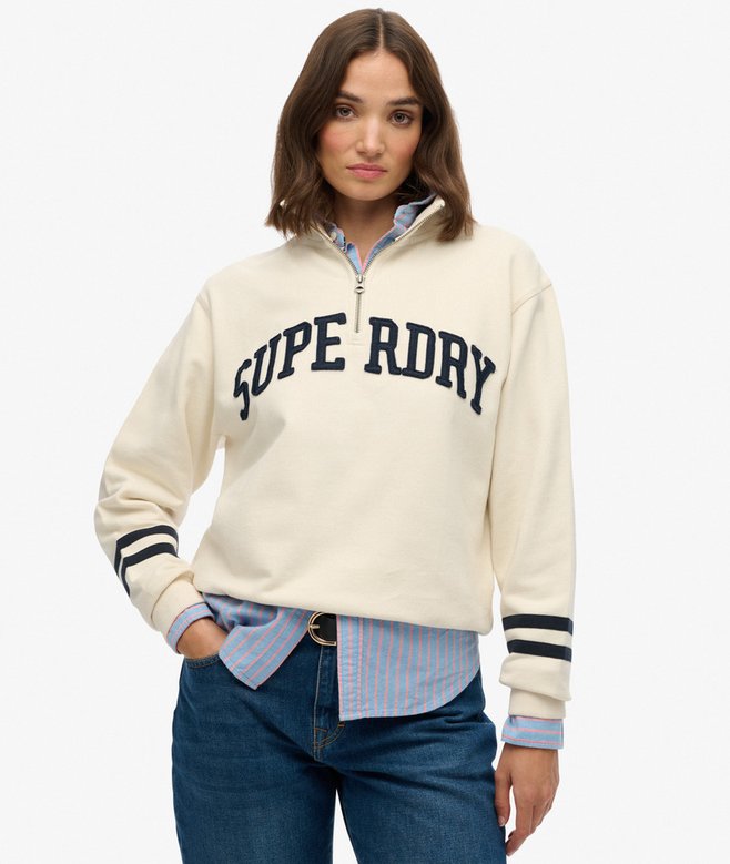 Women’s Superdry Athletic Essential Appliqué Half Zip Desert Bone Off White