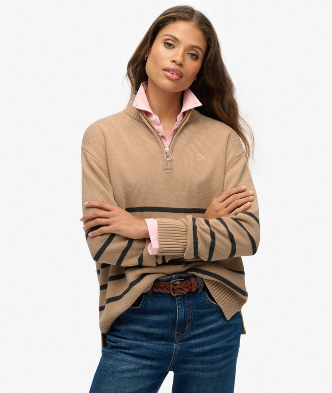 Women’s Superdry Knitted Half Zip Lingayen Beige Shadow Grey Stripe