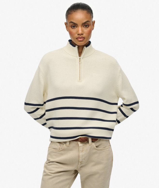 Women’s Superdry Knitted Half Zip Off White Richest Navy Stripe