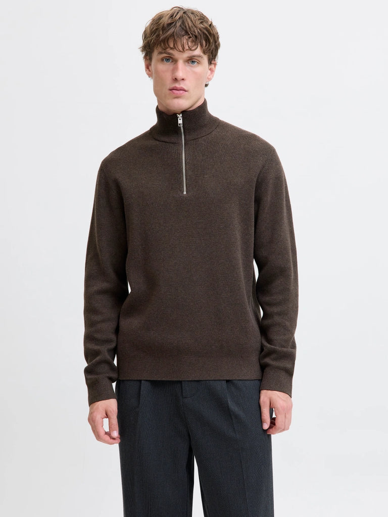 Jack&Jones Plain Knitted Quarter Zip Jumper Brown