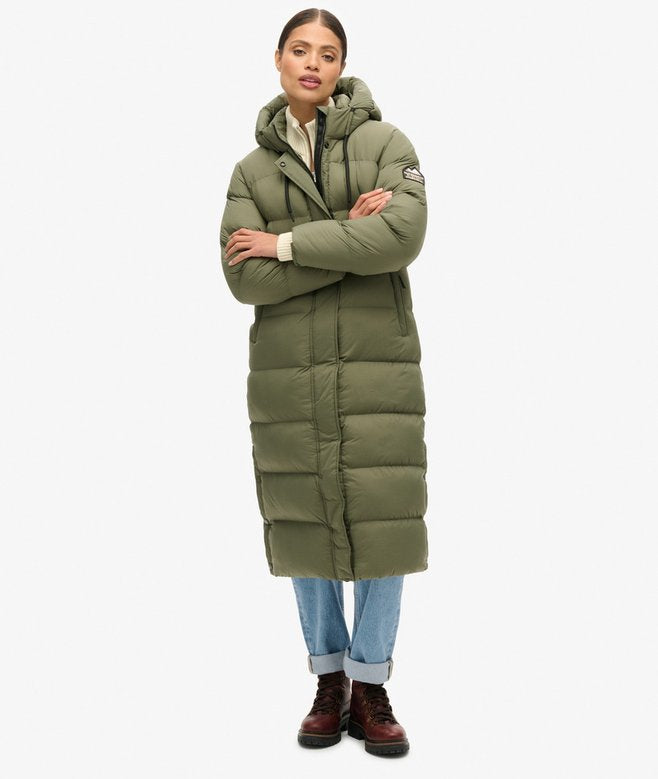 Women’s Superdry Rip-Stop Longline Puffer Coat Dusty Olive Green Grid