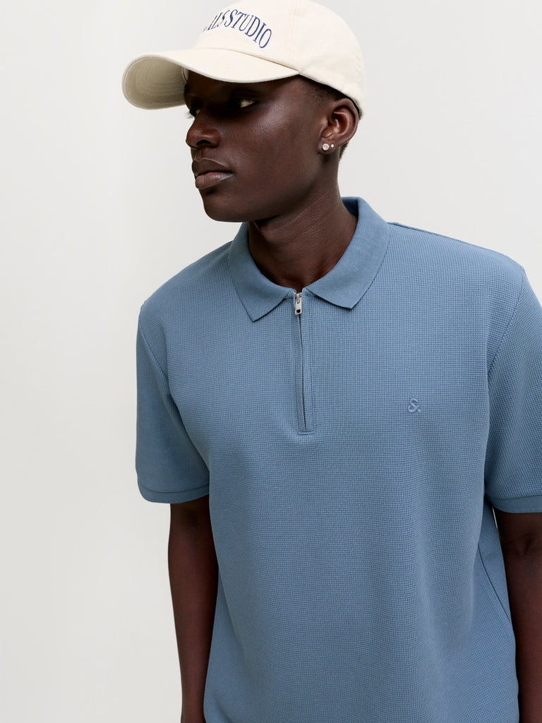 Jack & Jones Plain Zip Polo in Blue Mirage