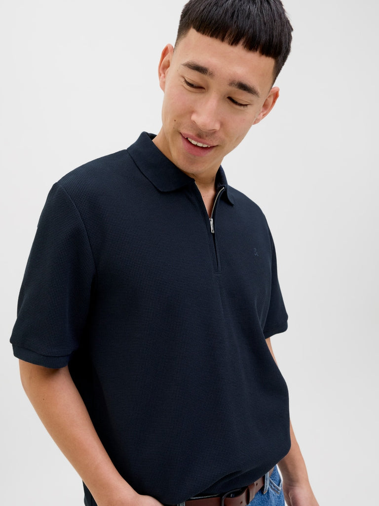 Jack & Jones Plain Zip Polo in Navy