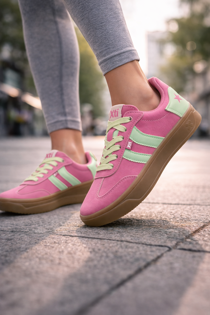 Pink sneakers with green stripes worn on a pavement by xti